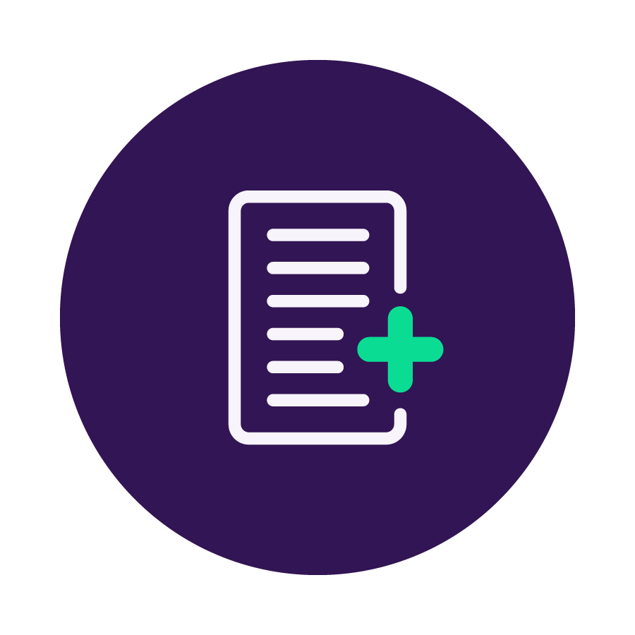 Icon of a document with a green plus sign, signaling adding a new document