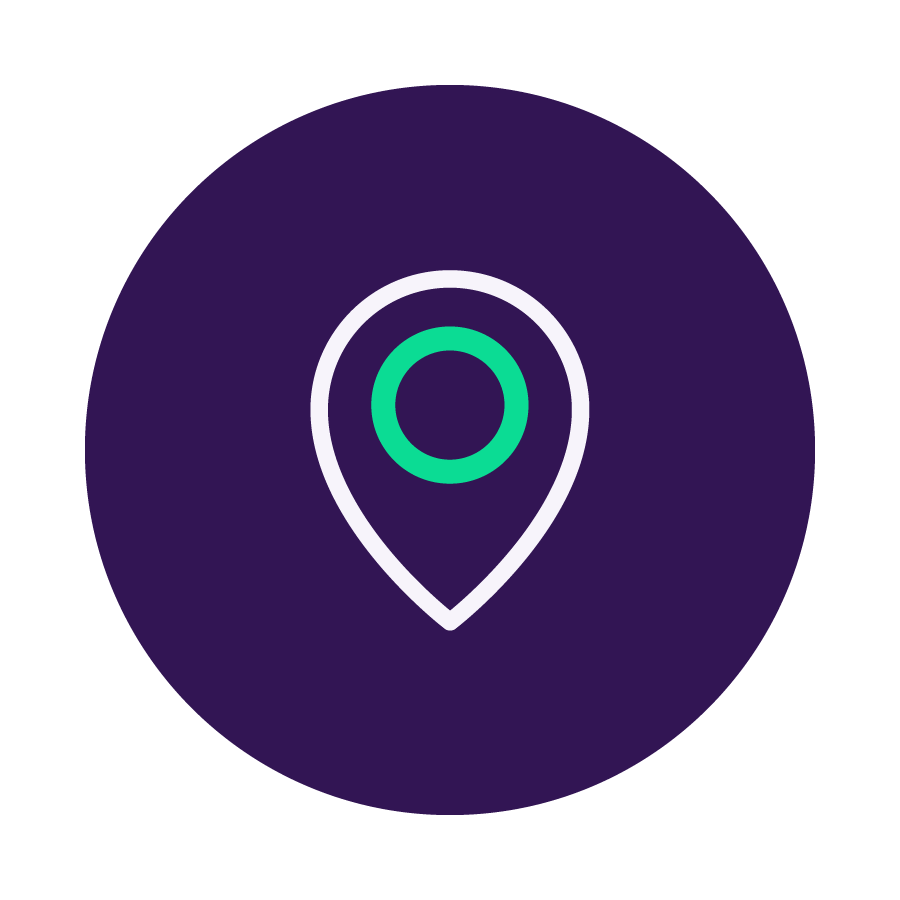 Location pin icon on a purple circular background with a teal center ring