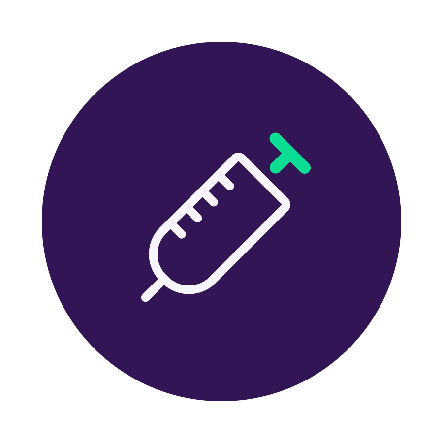 Syringe icon on a dark purple circular background, representing vaccination or medical injection