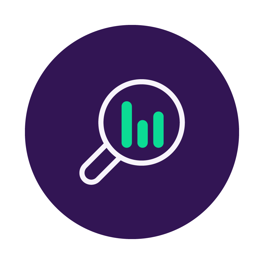 Analytics search icon: magnifying glass over a bar chart, symbolizing data analysis and discovery
