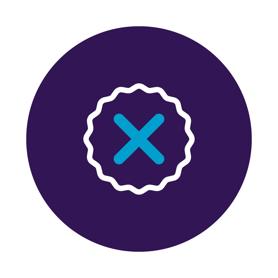 Cancel button icon: blue x inside a white scalloped circle on a purple background, indicating close action
