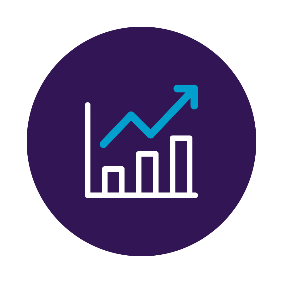 Bar chart with a rising blue line indicating growth on a purple circular background