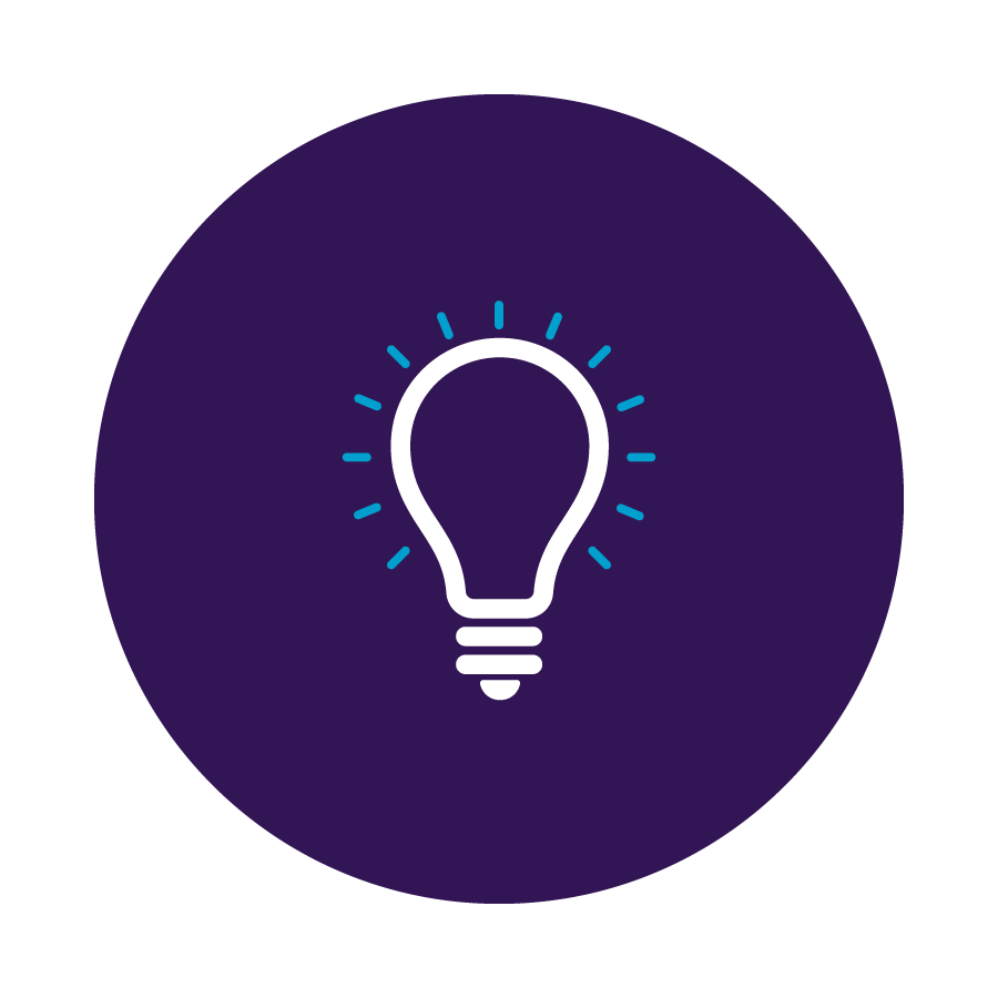 Light bulb outline with blue rays on a dark purple circle, symbolizing an idea or creativity