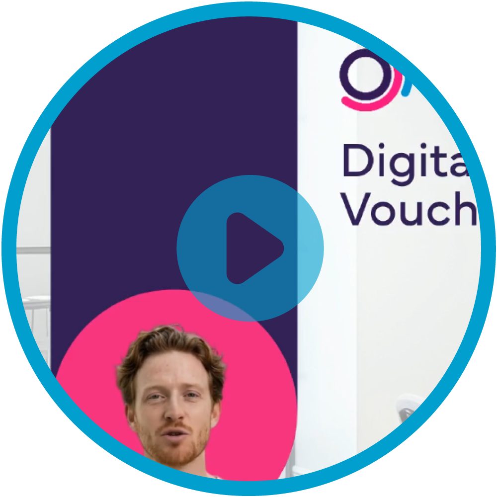 Video thumbnail with a circular pink accent and a play button overlay, suggesting a video to watch; background shows a man and the word 'digital voucher'.