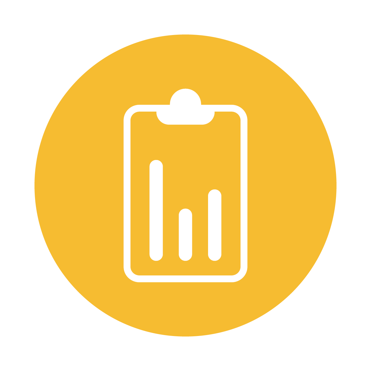 Clipboard icon with a bar chart inside on a yellow circular background, representing data or stats