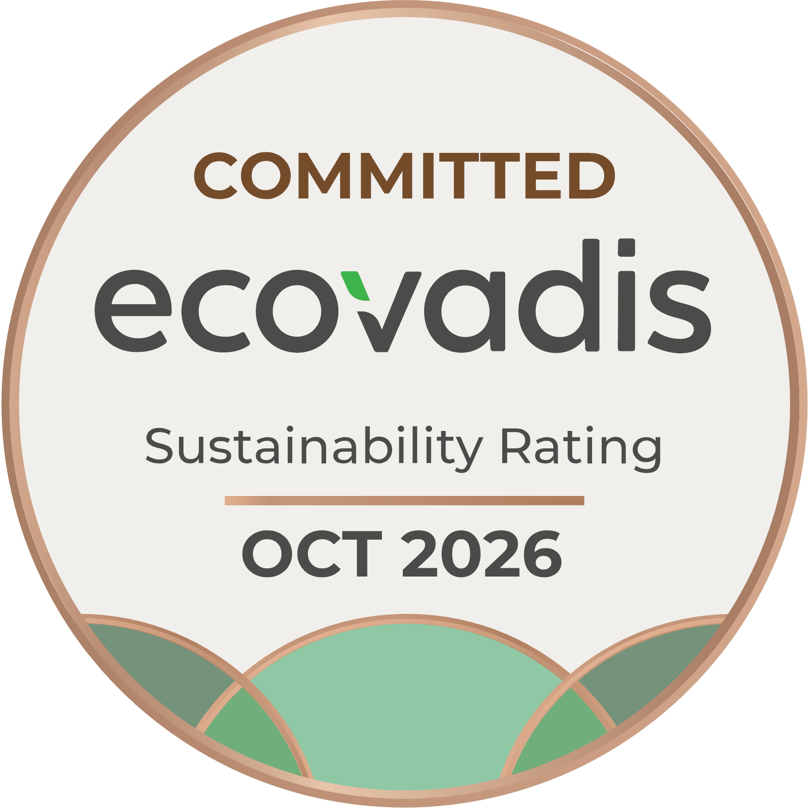 Circular badge reading 'Committed' with the ecoVadis logo and 'Sustainability Rating' date: October 2026